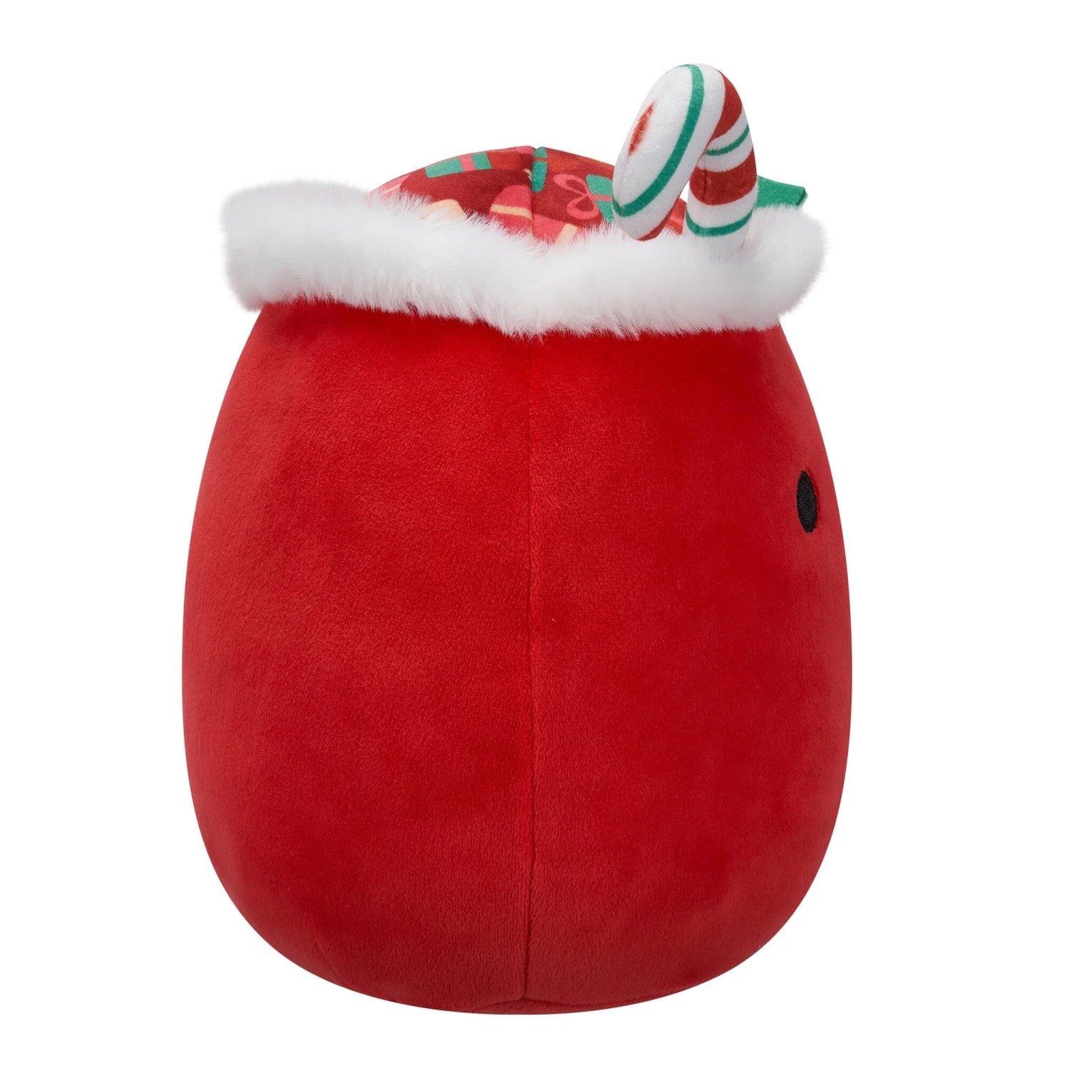 Red holiday plush with white fur trim, a visible eye and a stuffed candy cane sticking out the top