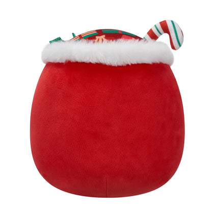 Soft red plush Christmas bag with white trim and a striped candy cane visible