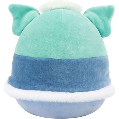 Back view of a rounded plush toy. Teal top, blue middle section with white fur trim and small wing-like ears