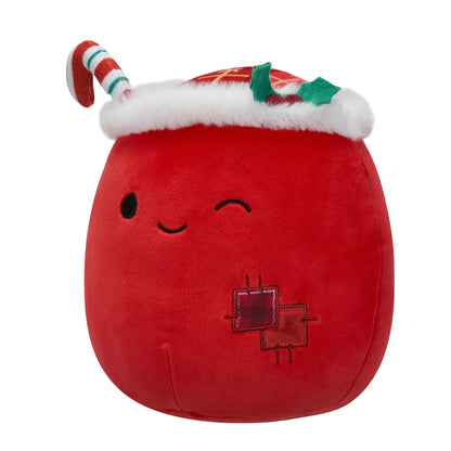 Red plush Christmas toy winking, topped with a candy cane, holly and white trim