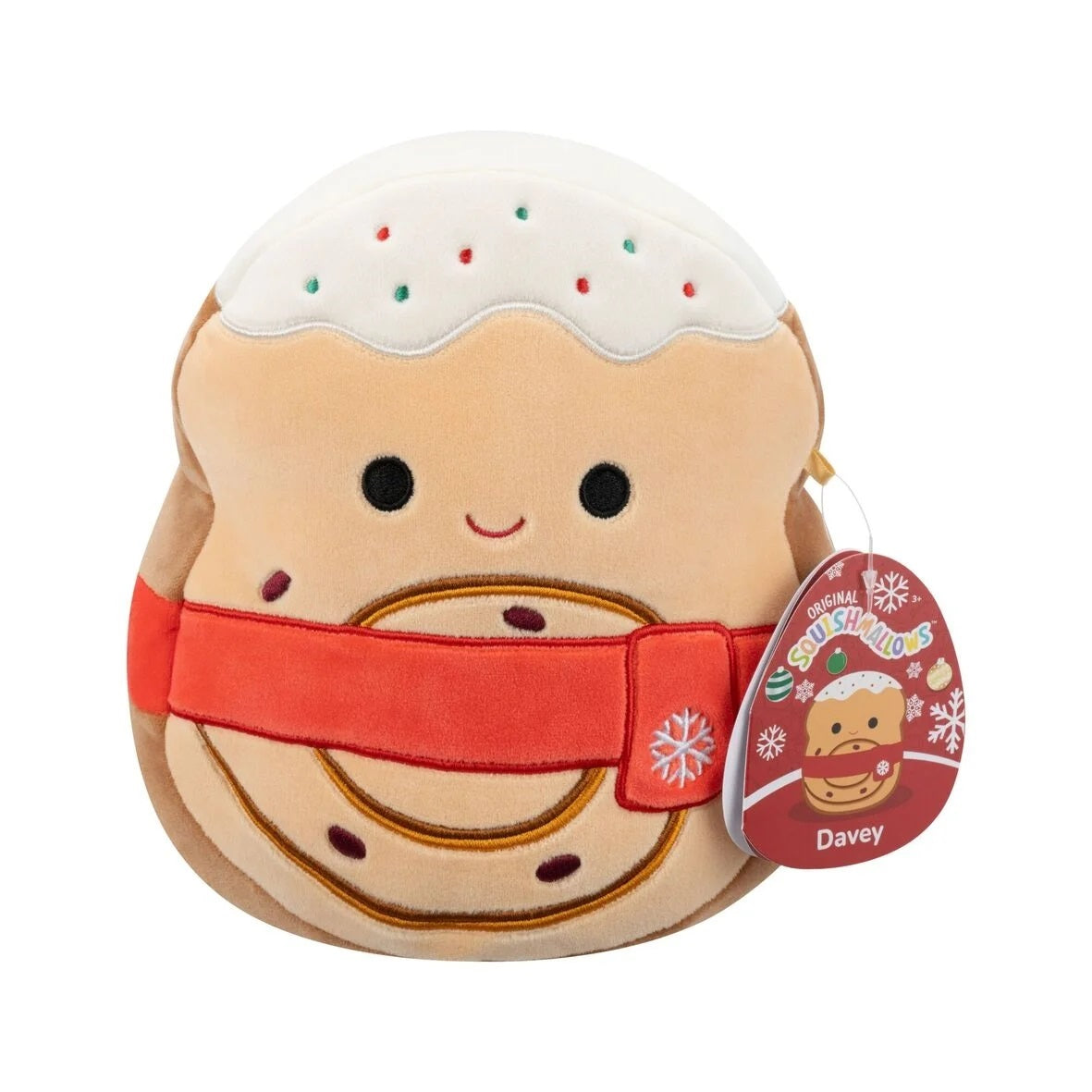 Festive Squishmallow plush Davey, designed like a sandwich cookie with icing, sprinkles and a red scarf