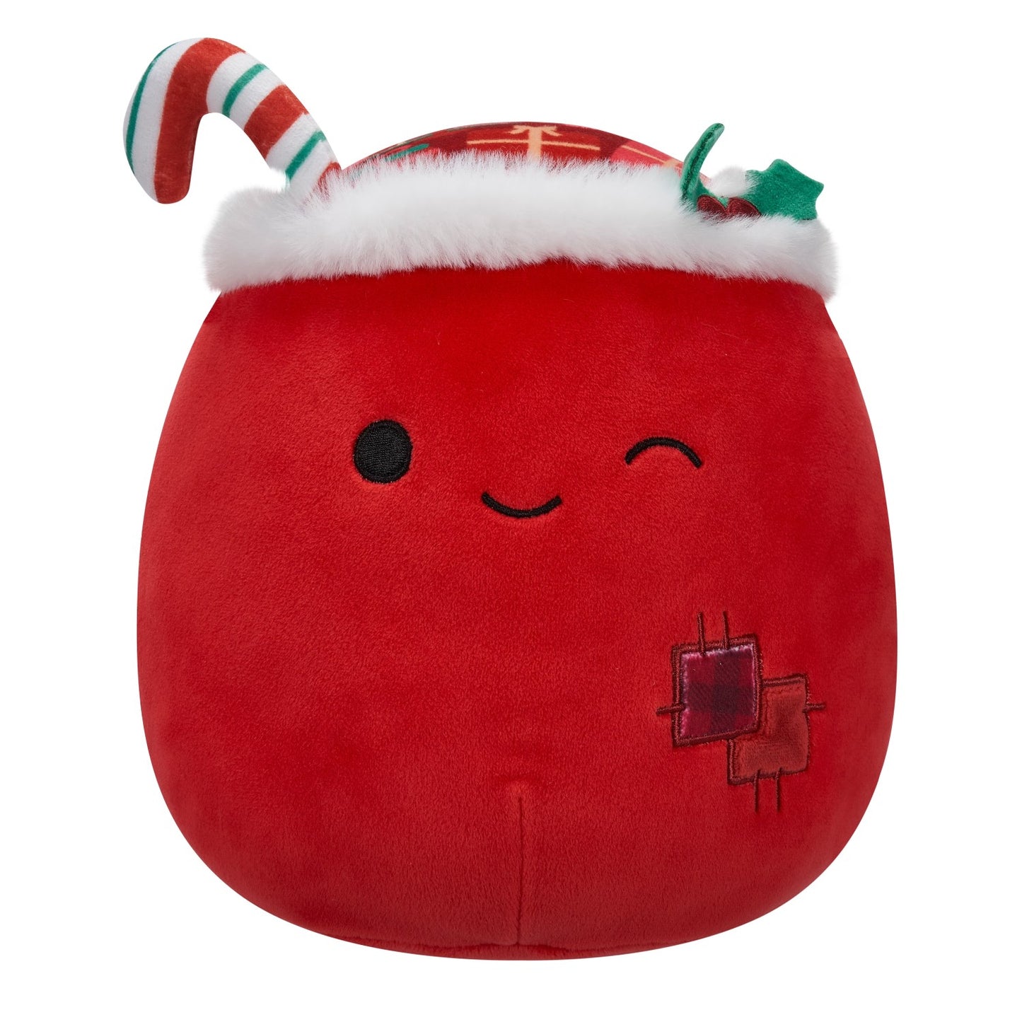 Round red plush character winking, wearing a white fur-trimmed holiday hat, candy cane and holly