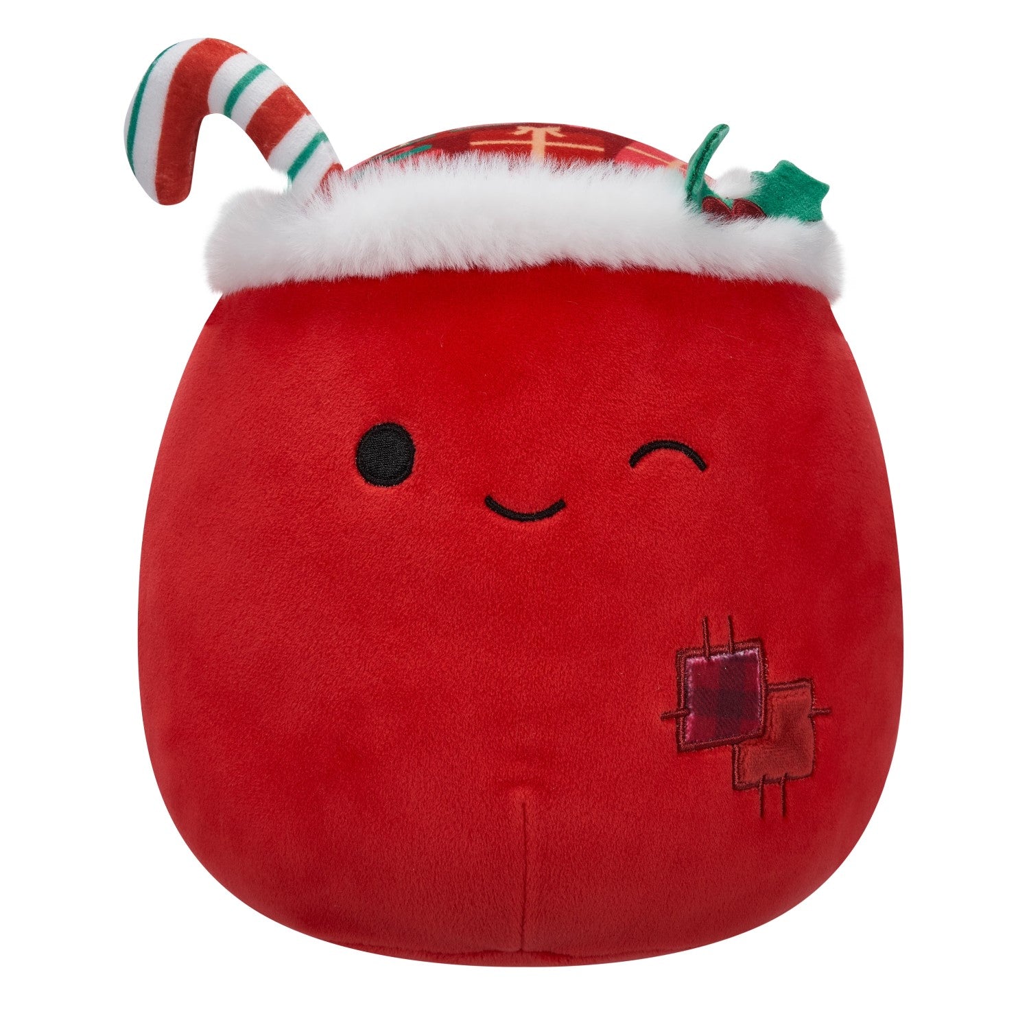 Round red plush character winking, wearing a white fur-trimmed holiday hat, candy cane and holly