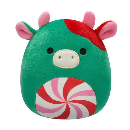 Green holiday cow plush with a red head patch and a striped peppermint candy belly