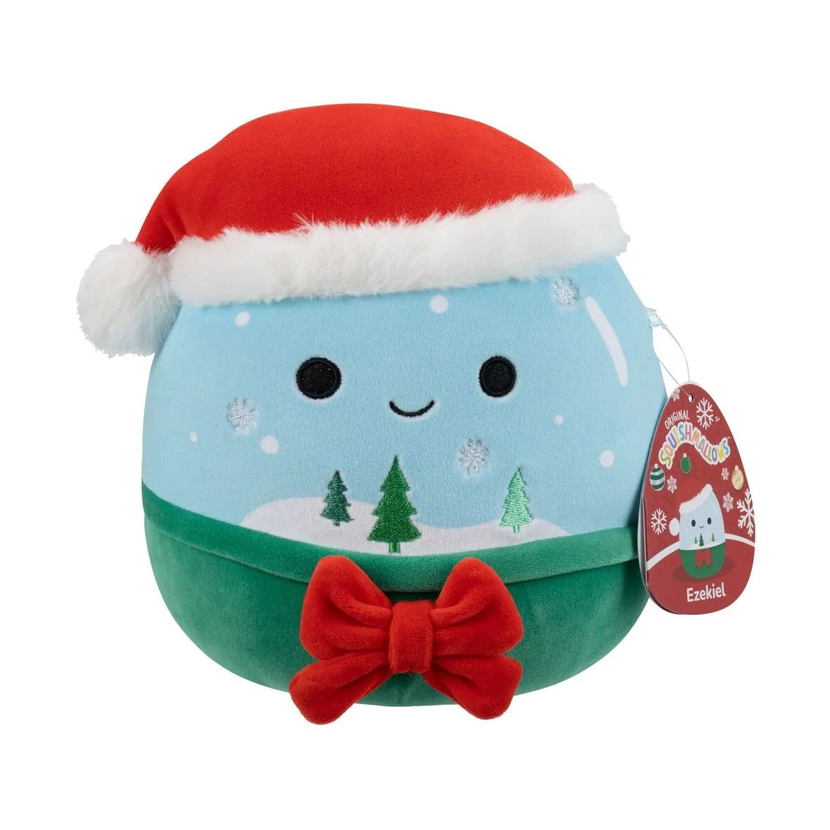 Christmas snow globe Squishmallow (Ezekiel) plush wearing a red Santa hat and a large red bow