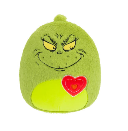 Green Grinch plush toy with a mischievous expression and a red embroidered heart