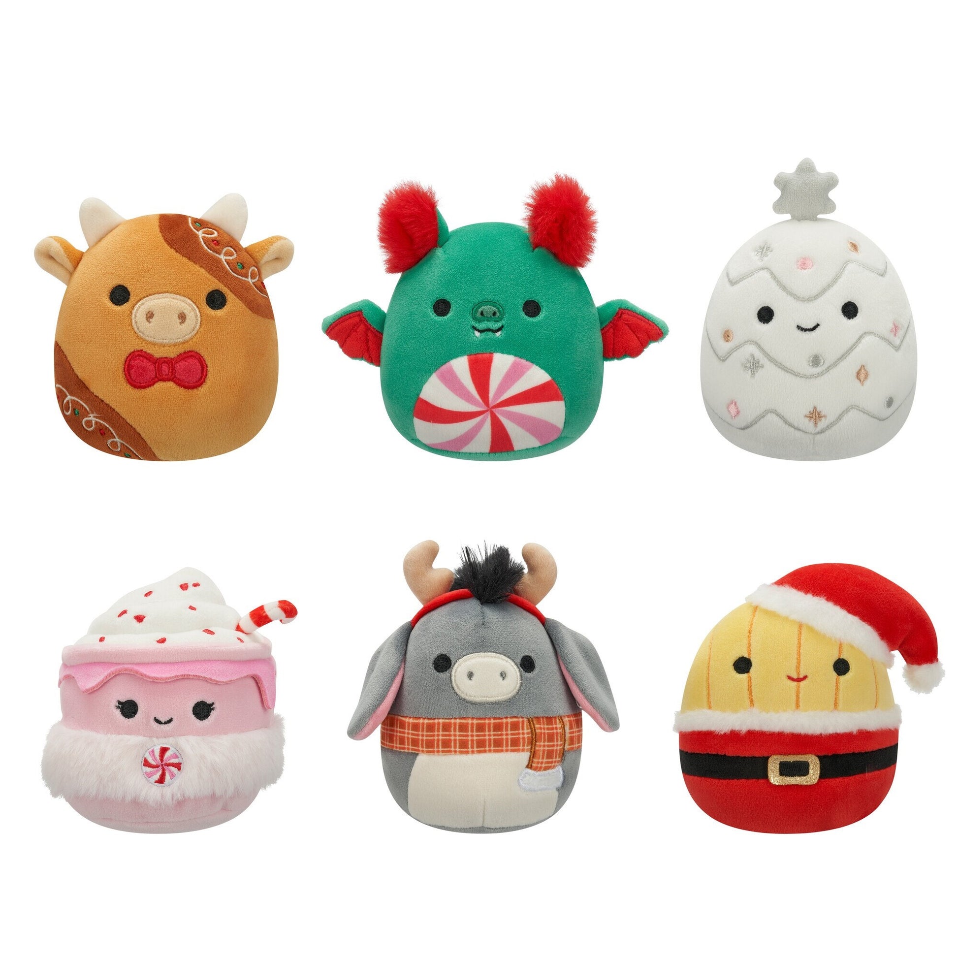 Six Christmas-themed plush toys: gingerbread cow, peppermint dragon, snowy tree, hot cocoa, donkey and Santa