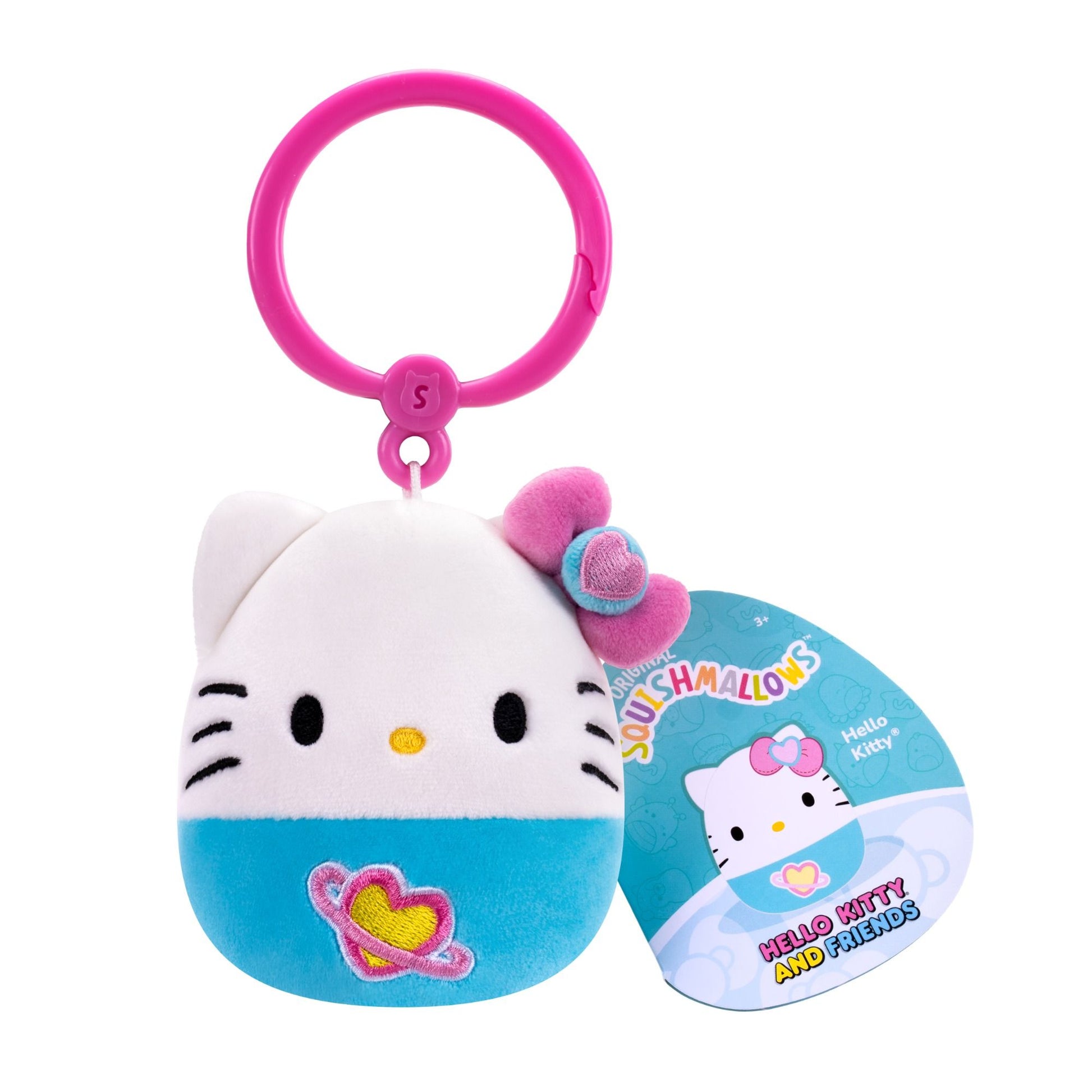 Squishmallows Hello Kitty clip, a white and blue plush toy with a pink bow, hanging from a pink plastic keyring
