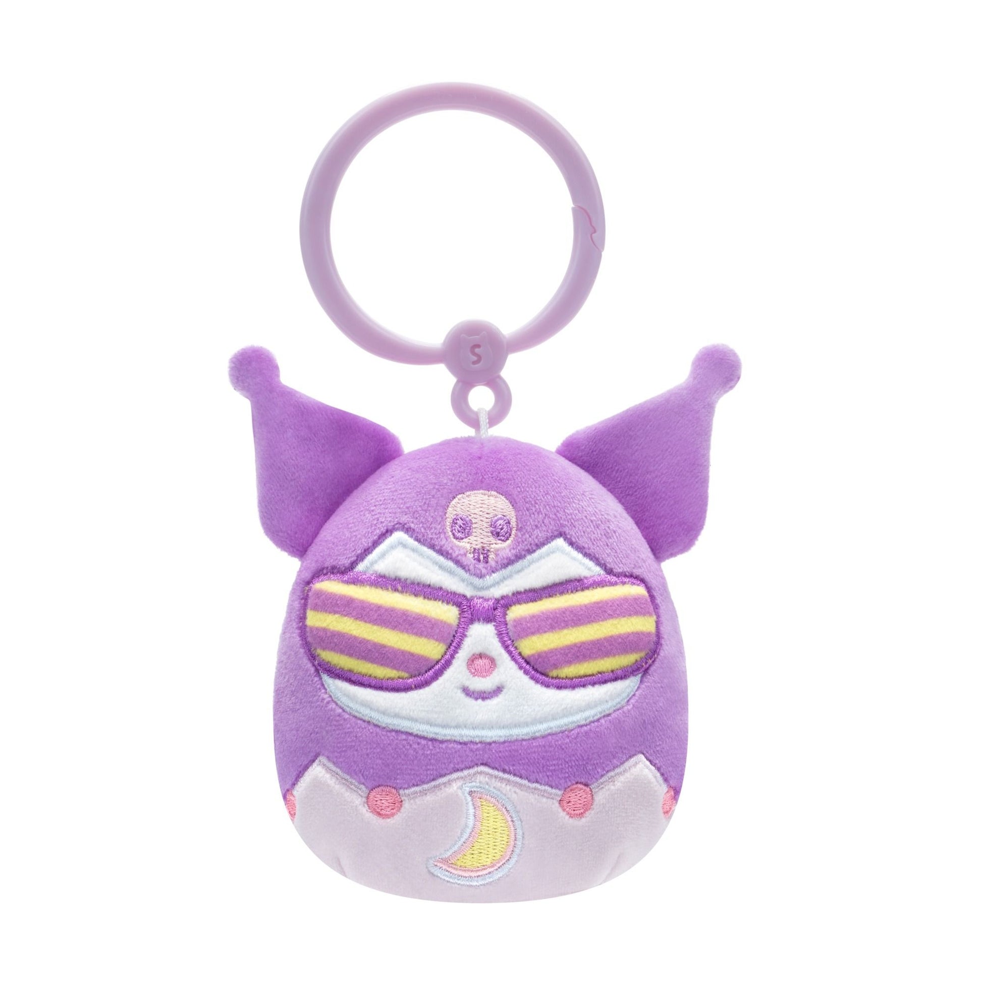 Purple character plush keychain with pointed ears, striped sunglasses, skull detail, and plastic clip