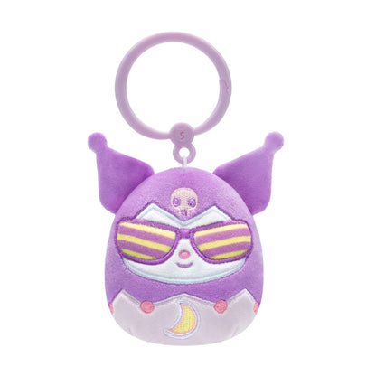 Purple character plush keychain with pointed ears, striped sunglasses, skull detail, and plastic clip