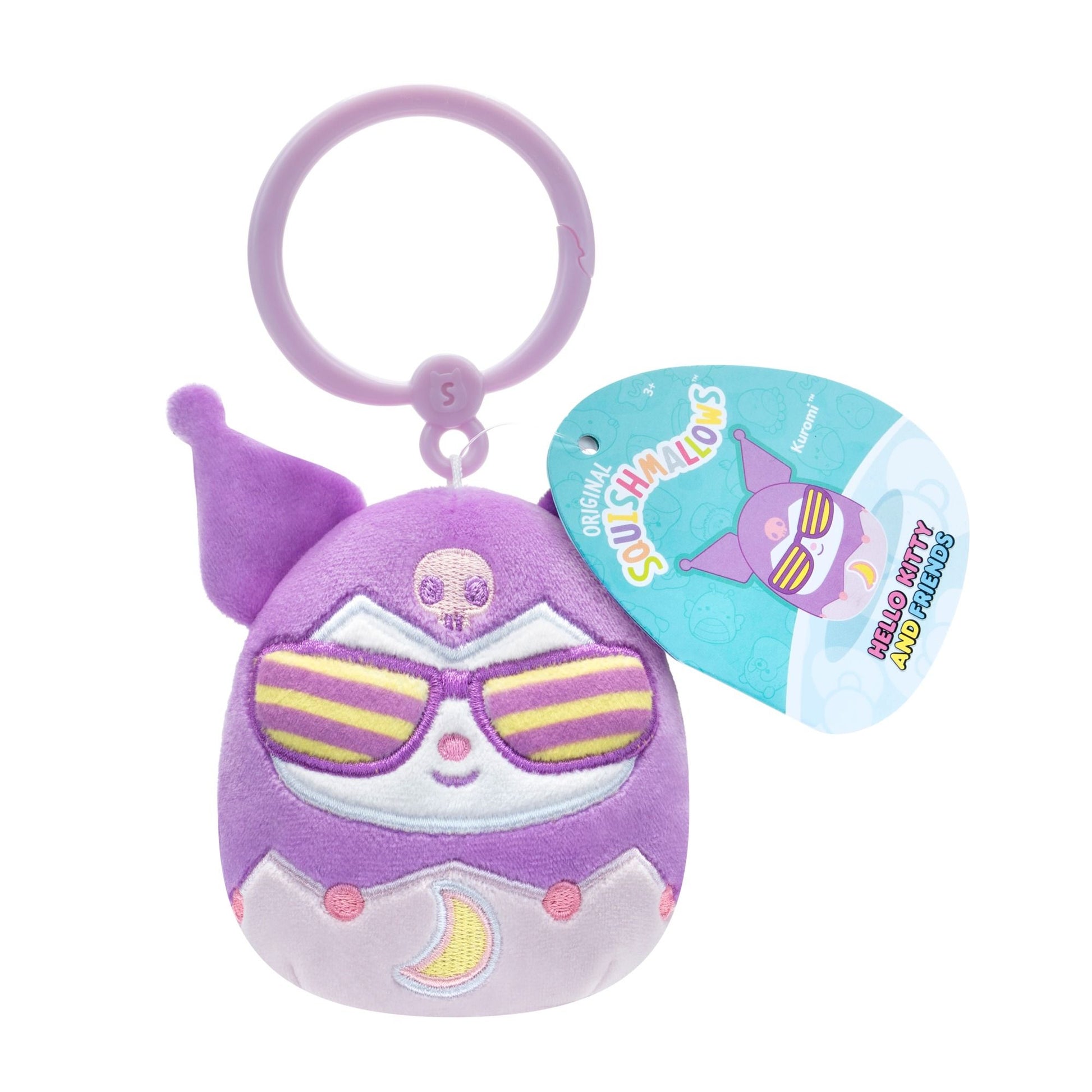 Purple Kuromi Squishmallows plush clip-on, featuring striped sunglasses, a skull, and a crescent moon