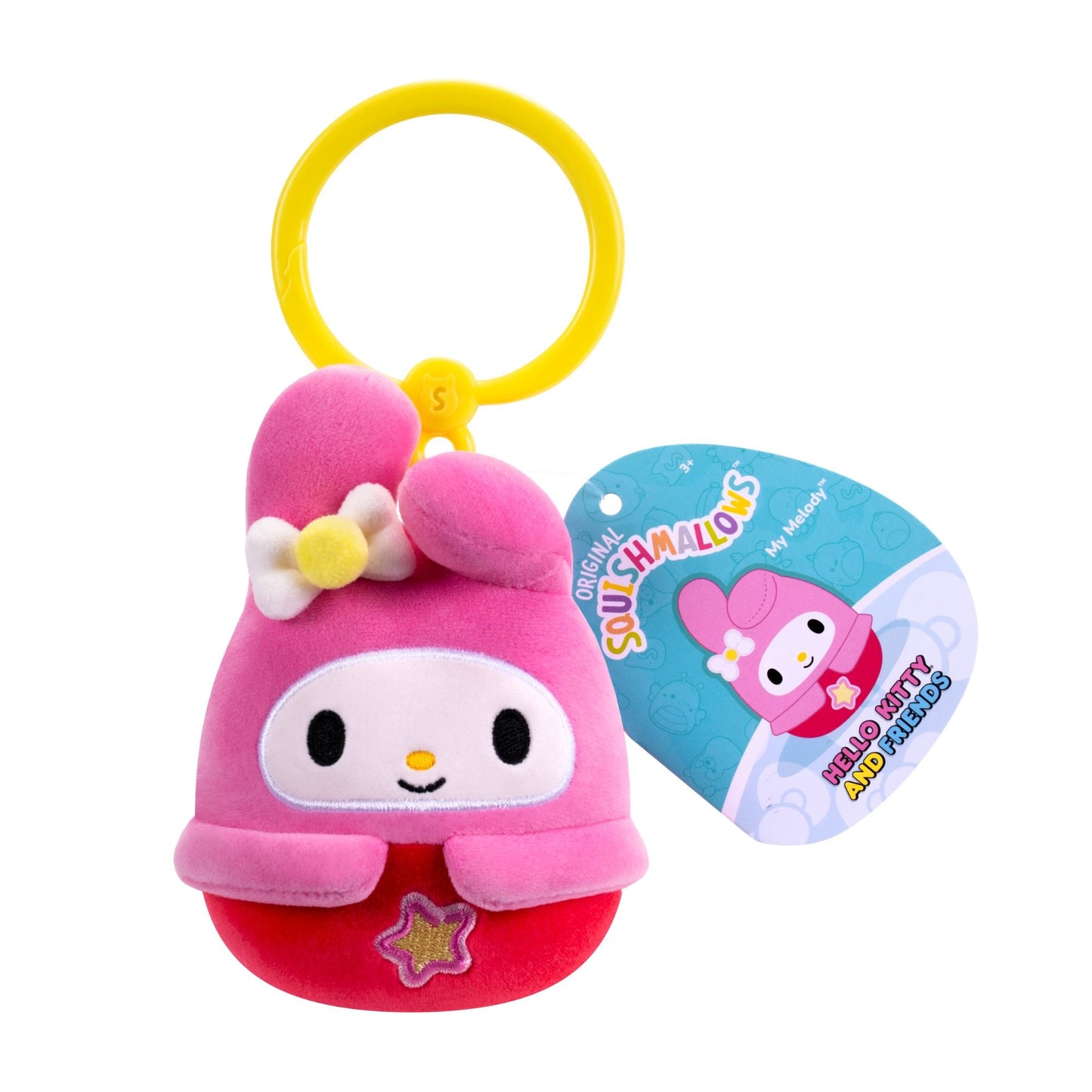 Pink Squishmallows My Melody clip-on plush toy with a yellow ring and attached product tag