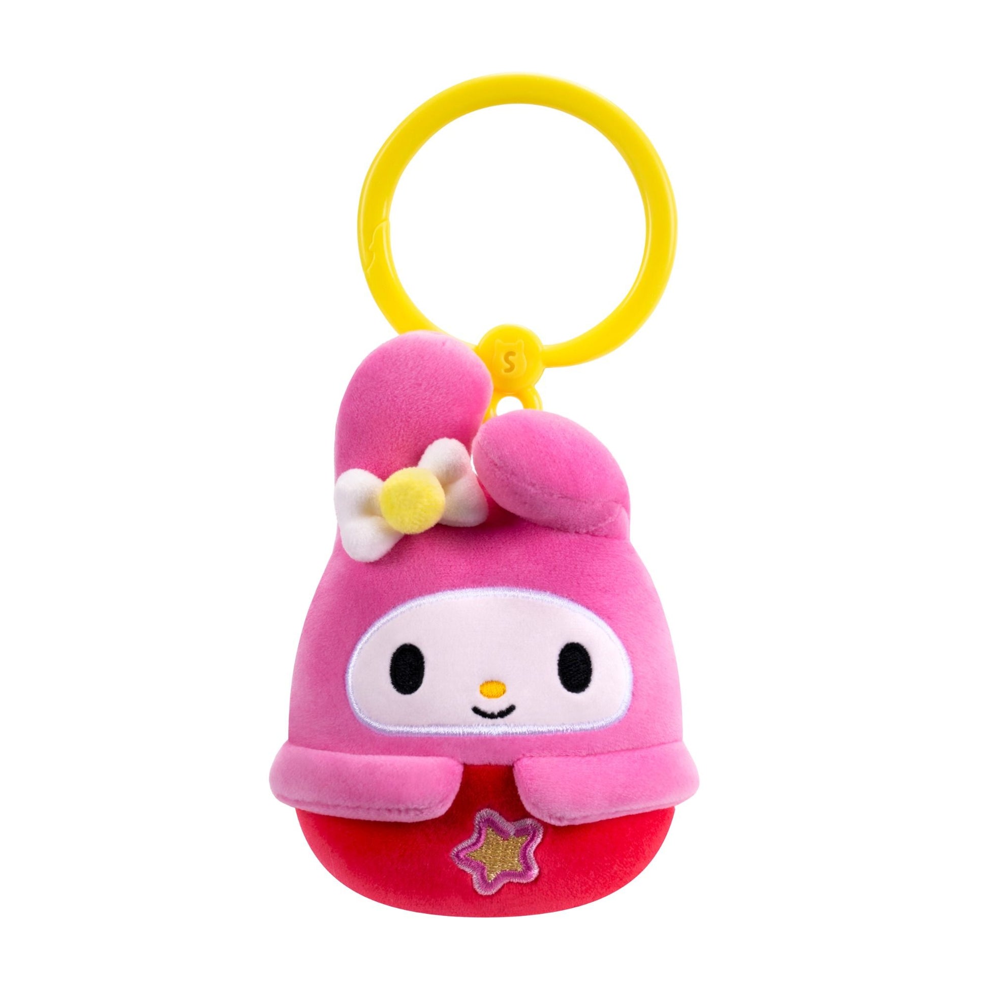 Pink My Melody plush charm with a red bottom, attached to a yellow hanging ring
