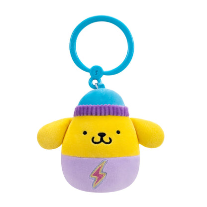 Yellow dog plush keychain wearing a blue beanie and purple base with a lightning bolt, attached to a blue clip ring