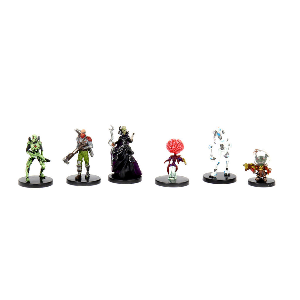 Six diverse tabletop game character miniatures stand in a row on a white background