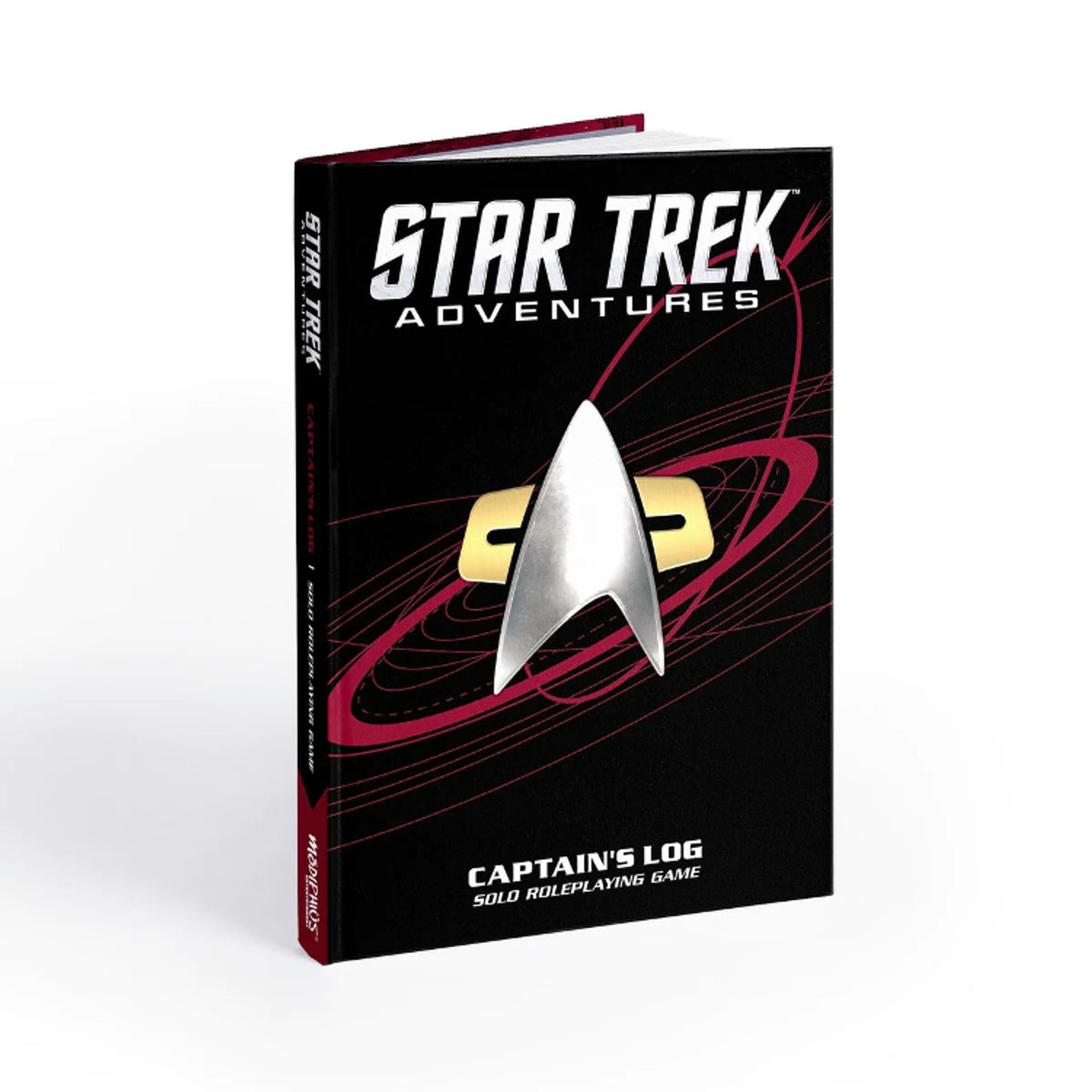 A black book titled &quot;Star Trek Adventures: Captain&#39;s Log Solo Roleplaying Game,&quot; featuring a silver Starfleet emblem.
