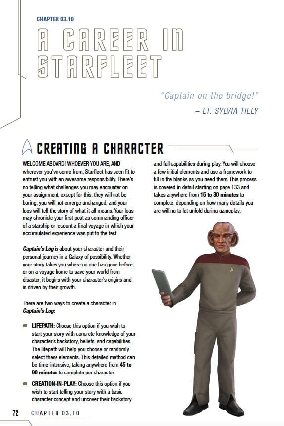 A Ferengi in a grey/maroon Starfleet uniform stands, holding a PADD