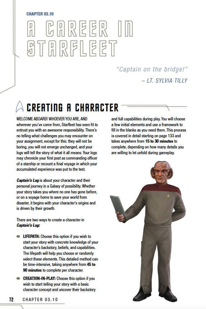 A Ferengi in a grey/maroon Starfleet uniform stands, holding a PADD