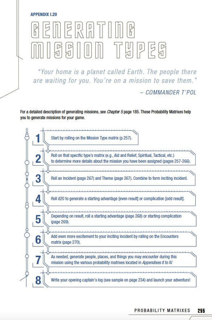 Rulebook page: "Generating Mission Types." An 8-step guide uses rolls and matrices to create game missions