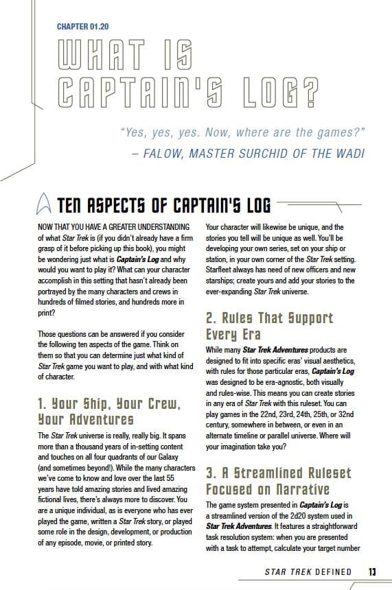 A Star Trek book page titled 'WHAT IS CAPTAIN'S LOG?' with text about the game's ten key aspects