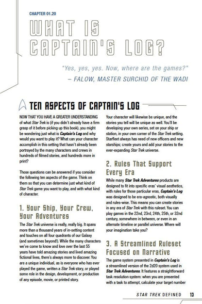 A Star Trek book page titled 'WHAT IS CAPTAIN'S LOG?' with text about the game's ten key aspects