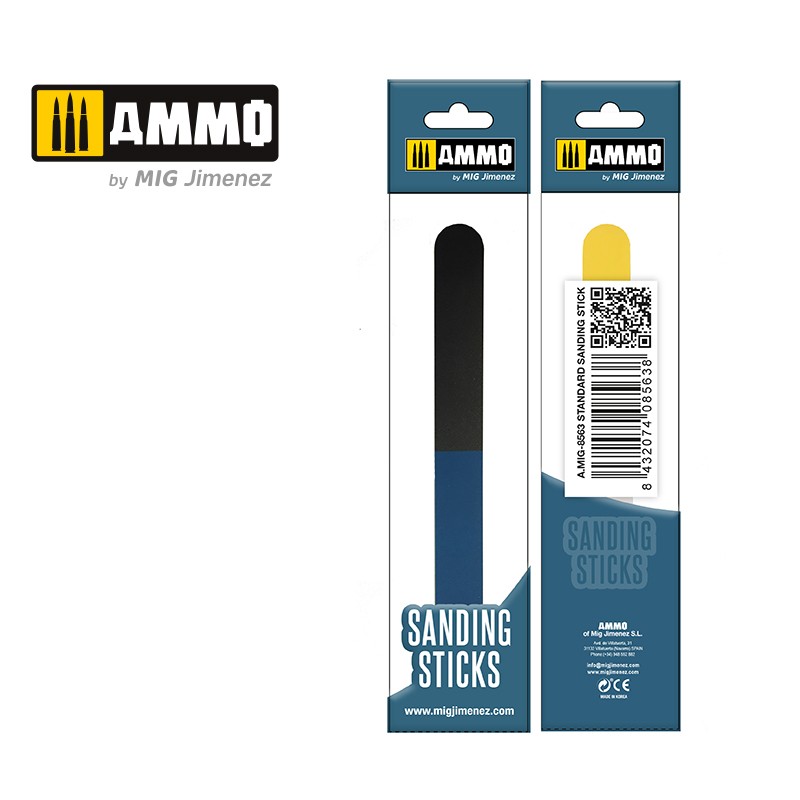 White packaging for AMMO by MIG Jimenez Standard Sanding Sticks. Front shows black/blue stick graphic; back has QR code.