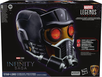 Marvel Legends Star-Lord electronic helmet in packaging, featuring glowing red eyes