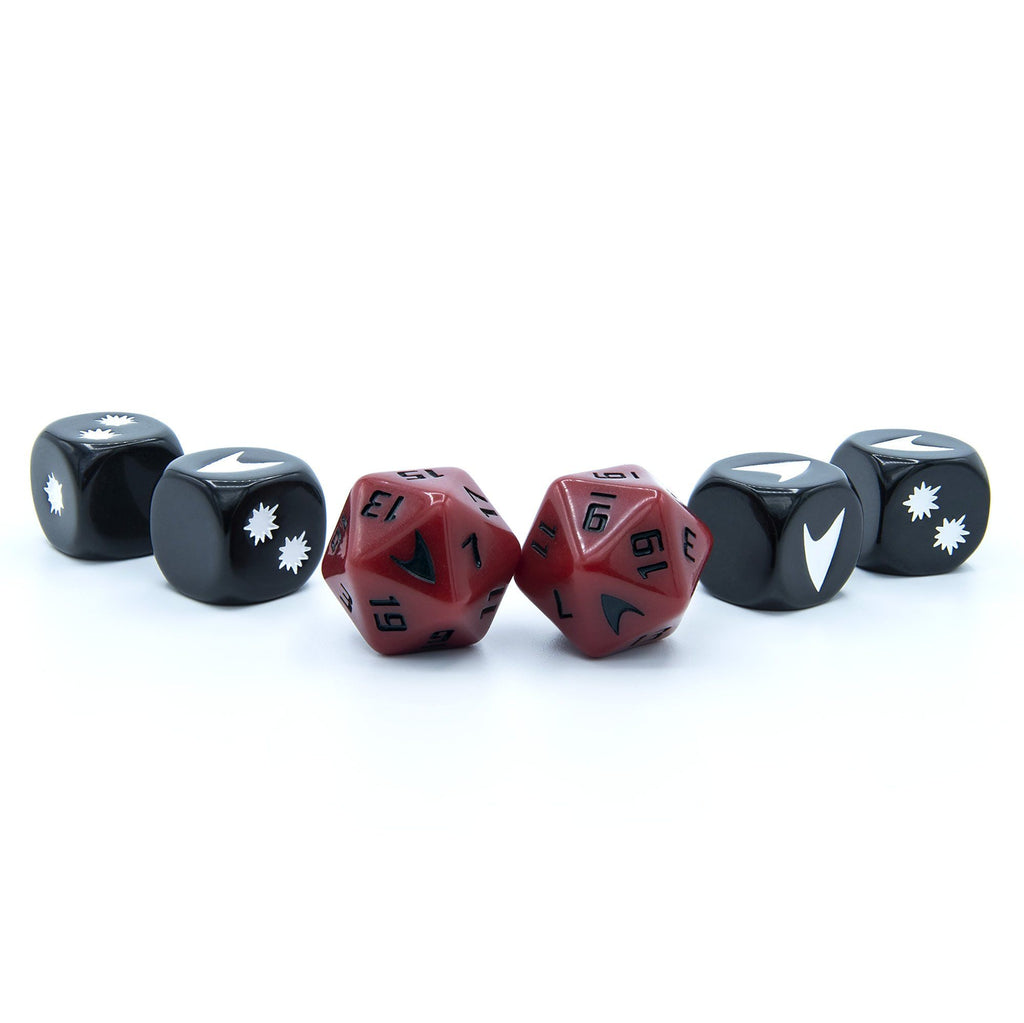 Six Star Trek themed dice on white. Two red polyhedral dice with black numbers are flanked by four black standard dice with white Starfleet and star symbols.