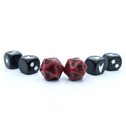 Six Star Trek themed dice on white. Two red polyhedral dice with black numbers are flanked by four black standard dice with white Starfleet and star symbols.
