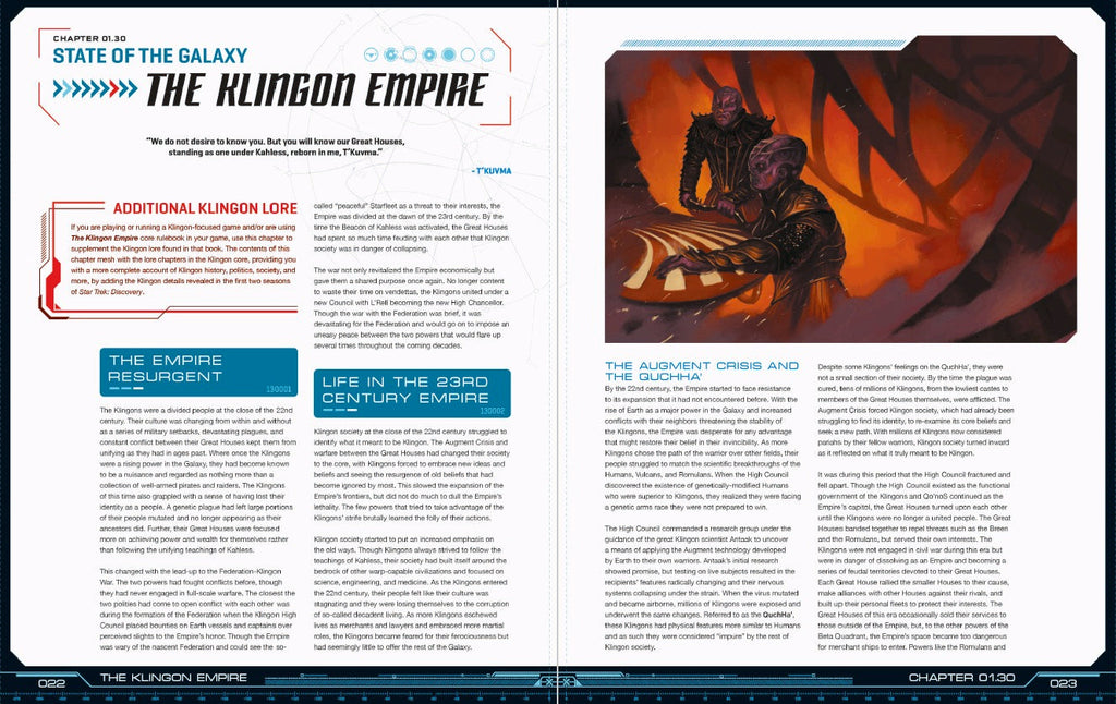 Two purple-skinned Klingons with ridged foreheads sit near a glowing orange console amidst a fiery background