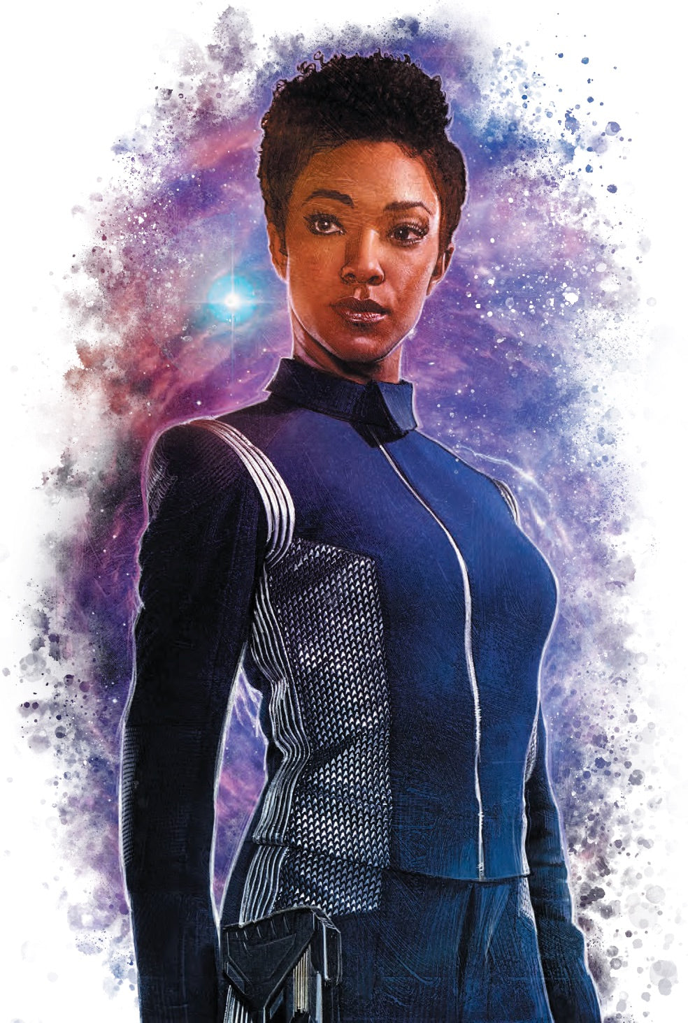 An illustration of Michael Burnham in a dark blue Starfleet uniform with silver details, gazing intently against a cosmic nebula