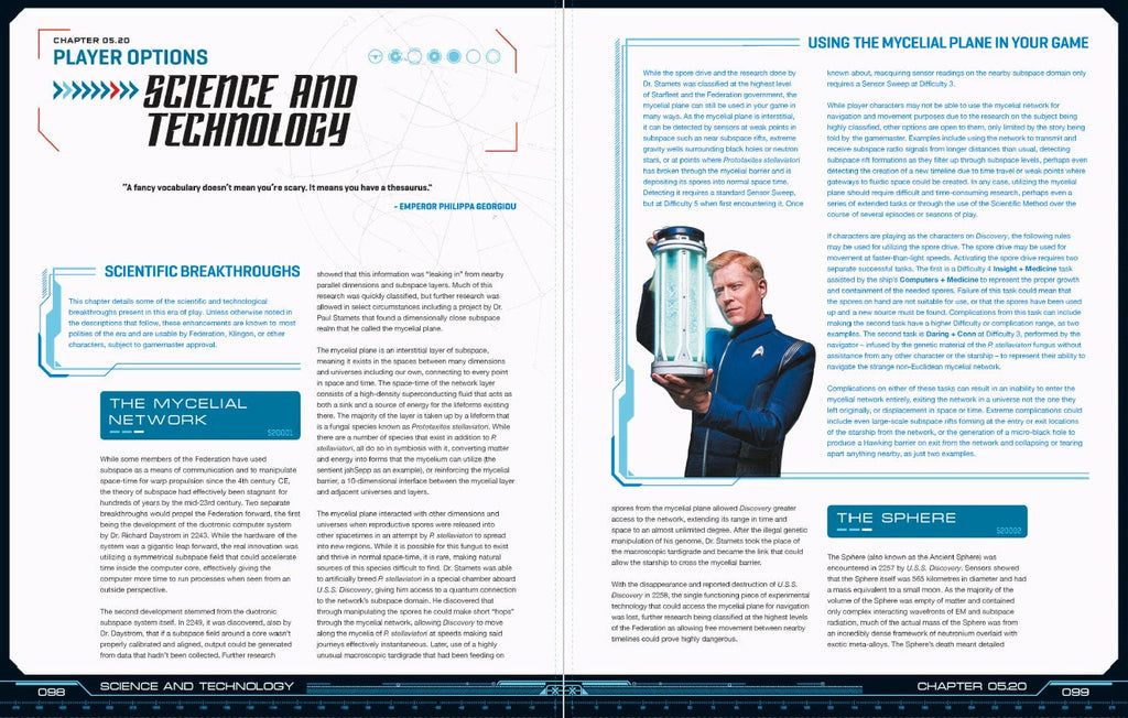 A man in a Starfleet uniform, resembling Paul Stamets, holds a glowing cylindrical spore container