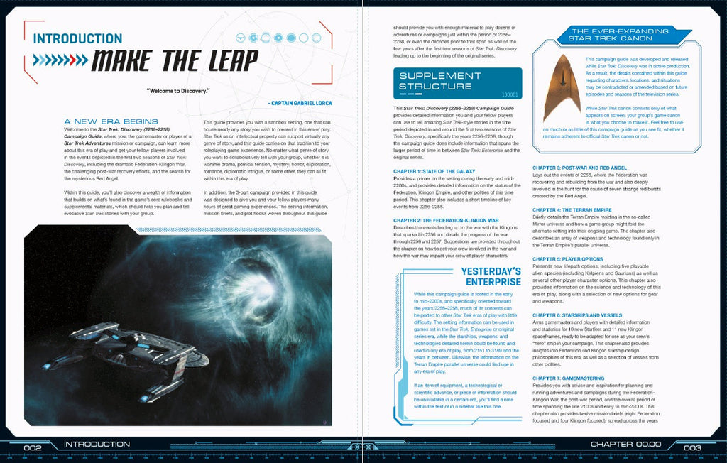 Star Trek Discovery rulebook's intro: USS Discovery starship flies through a blue space anomaly