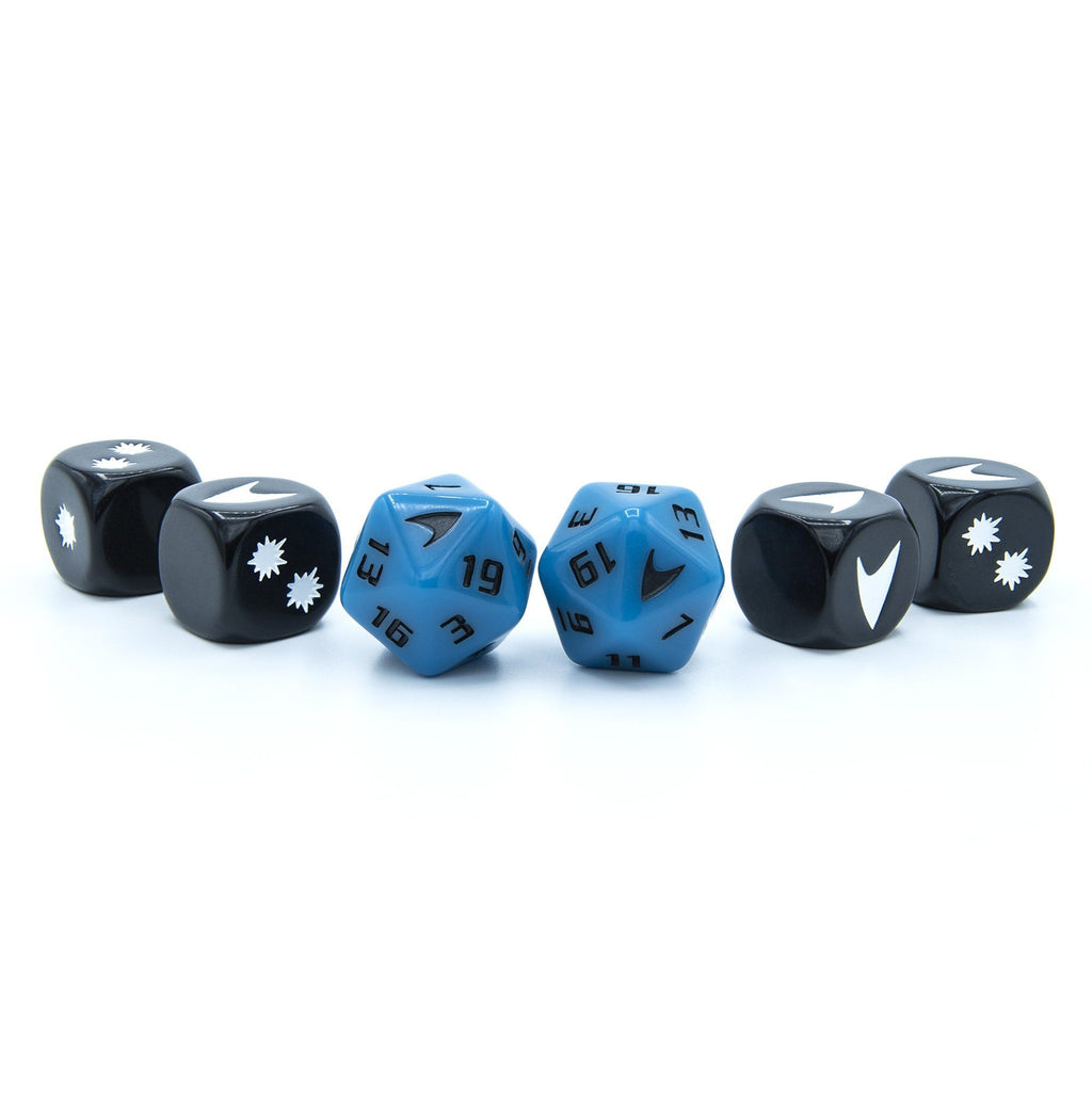 Six Star Trek Adventures Sciences Division dice: four black with white Starfleet &amp; starburst symbols, two blue D20s with numbers