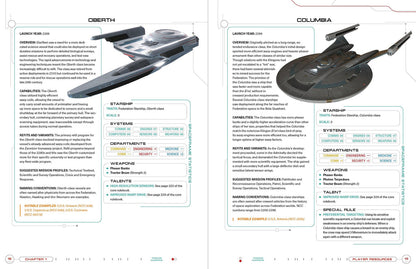Two detailed illustrations of Star Trek-style starships, Oberth and Columbia class, on a page from a technical manual with specs