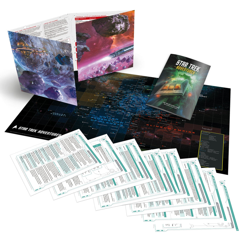 Star Trek Adventures RPG Second Edition Game Toolkit: open GM screen, rulebook, galaxy map, and reference sheets