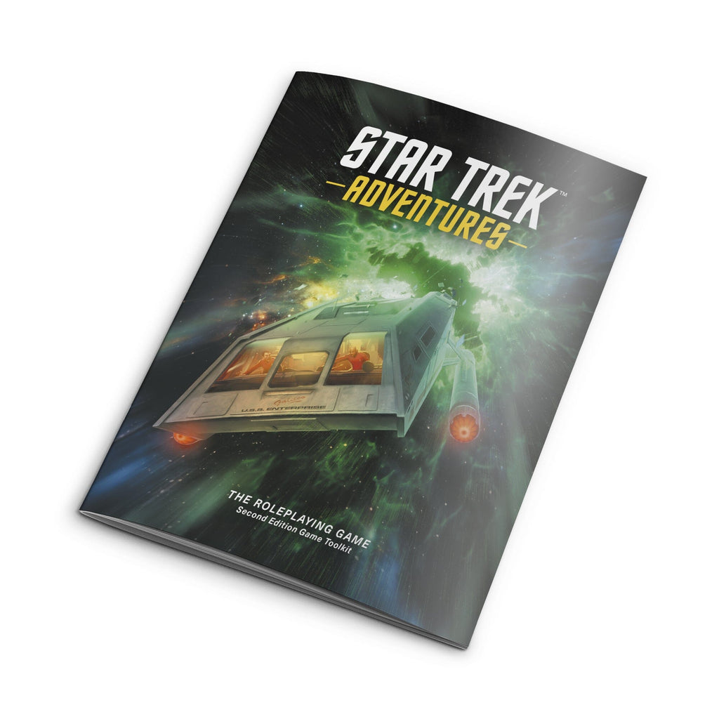 Star Trek Adventures RPG book showing a U.S.S. Enterprise shuttlecraft flying through a vibrant green nebula