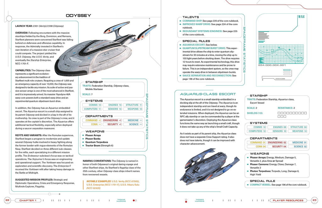 A large grey Star Trek Odyssey-class starship flying, accompanied by a smaller escort vessel and technical details