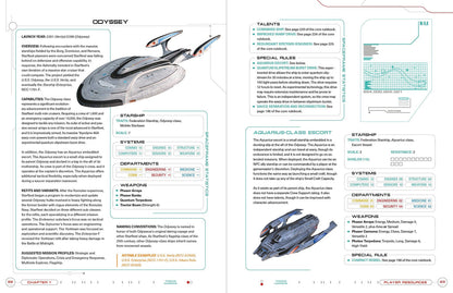 A large grey Star Trek Odyssey-class starship flying, accompanied by a smaller escort vessel and technical details