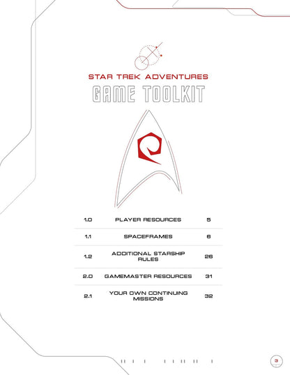Star Trek Adventures Game Toolkit table of contents, with Starfleet insignia. Lists Player and Gamemaster resources