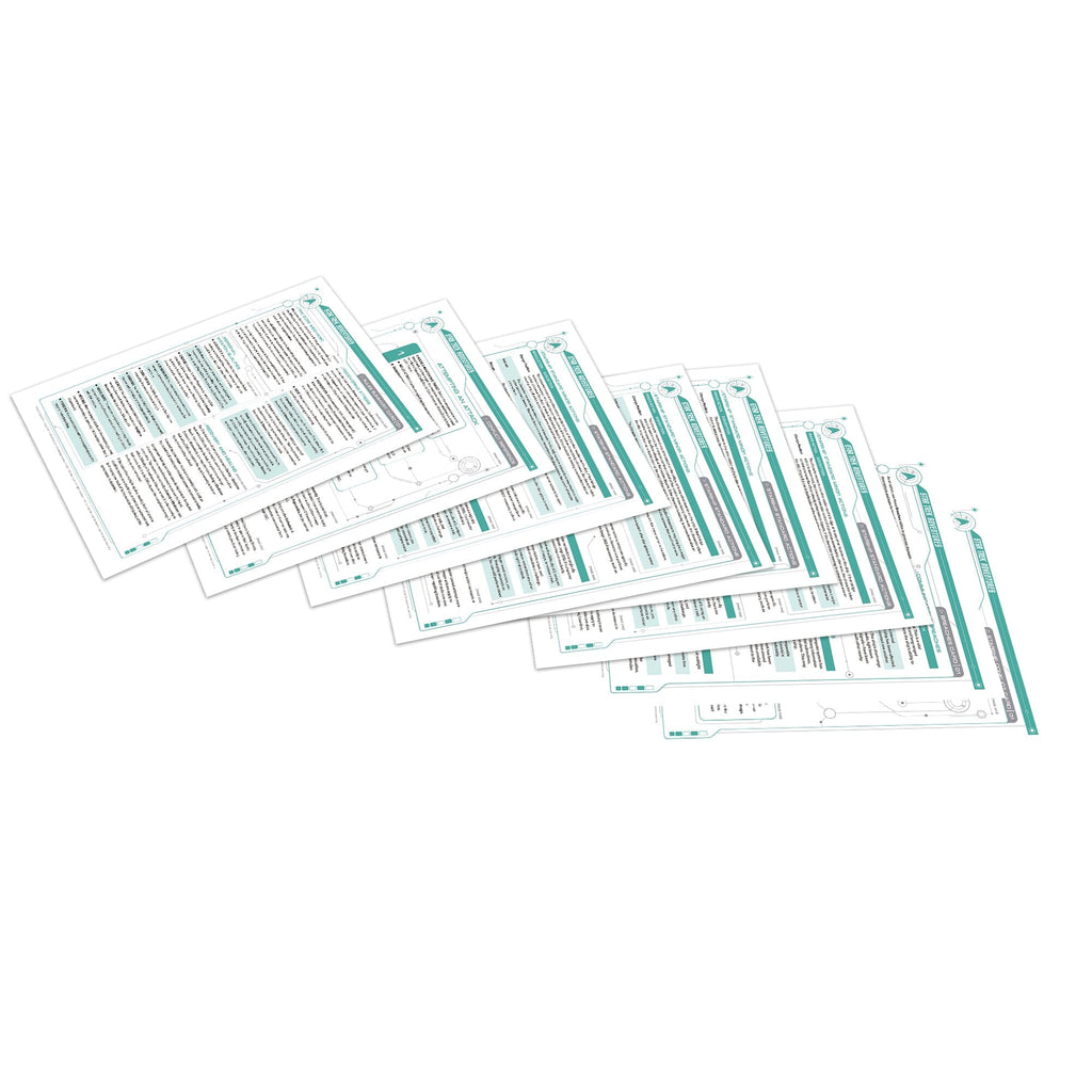 Multiple white documents with teal text and technical diagrams, fanned out