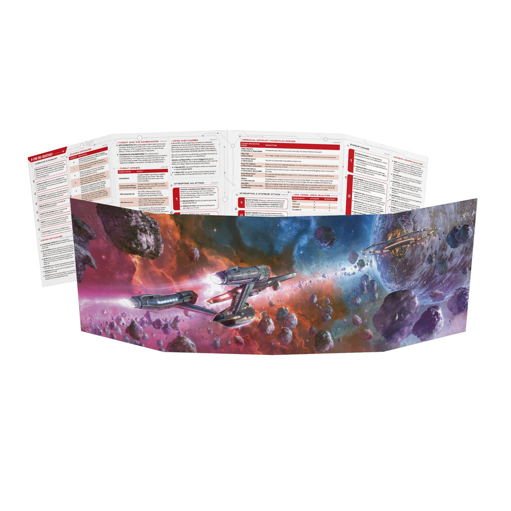A Star Trek Adventures GM screen with rules on top; its player side shows a starship flying through asteroids in colourful space
