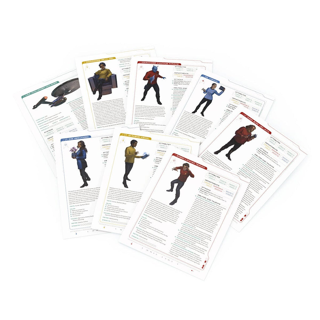 Star Trek RPG character and ship cards fanned out, featuring diverse crew members and a starship
