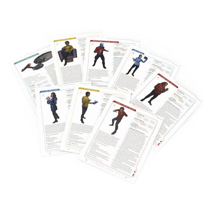 Star Trek RPG character and ship cards fanned out, featuring diverse crew members and a starship