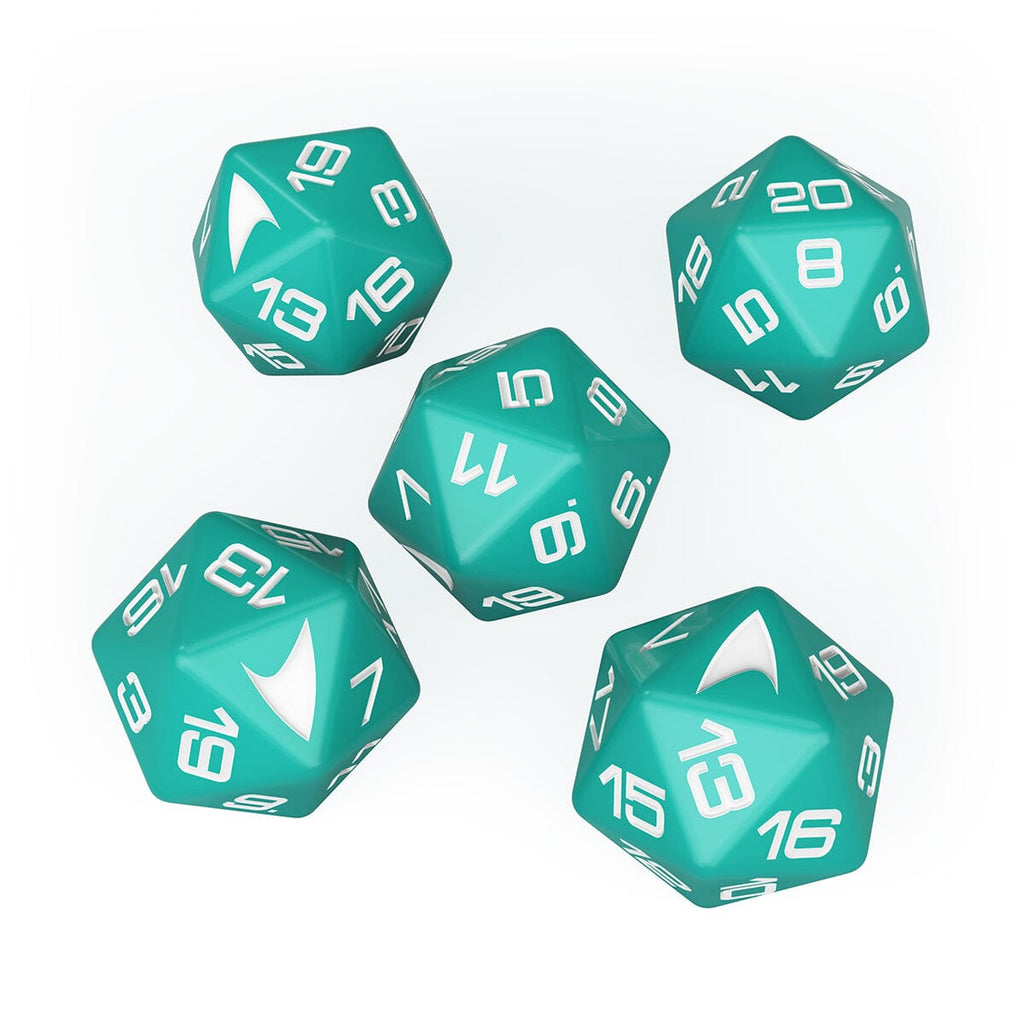 Five teal 20-sided dice with white numbers and white Star Trek insignias, scattered on a white background