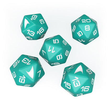 Five teal 20-sided dice with white numbers and white Star Trek insignias, scattered on a white background