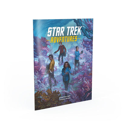 Star Trek Adventures Starter Set Campaign Booklet cover. Four Starfleet characters explore a vibrant, bioluminescent alien environment