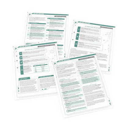 Several fanned out Star Trek Adventures RPG rule cards, detailing game mechanics like ship attacks, breaches, and recovery