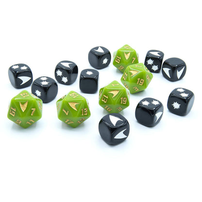 Black and green gaming dice with white symbols and gold numbers are scattered on a white surface