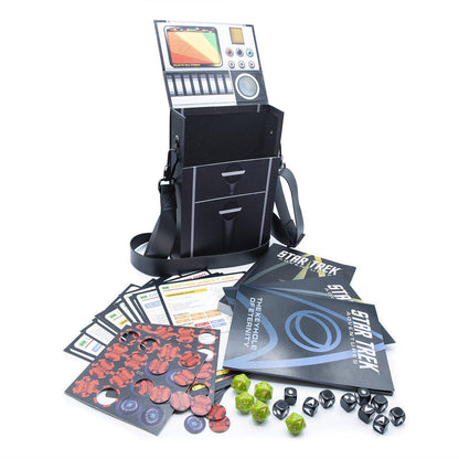 Star Trek Adventures RPG Tricorder Collector's Box Set laid out: an open black box resembling a Starfleet console, rulebooks, tokens, and dice